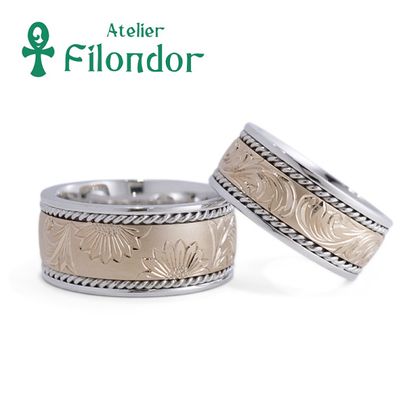 【アトリエフィロンドール】【アトリエ・フィロンドール】唐草＆菊の彫刻に手編み縄を組み合わせた結婚指輪