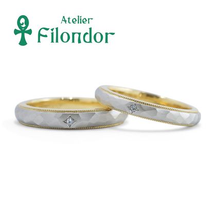 【アトリエフィロンドール】【アトリエ・フィロンドール】フルオーダー ハンマー＆ミル打ちのコンビ素材結婚指輪