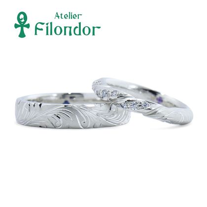 【アトリエフィロンドール】【アトリエ・フィロンドール】フルオーダー 彫刻とツイストライン＆ダイアモンドの結婚指輪