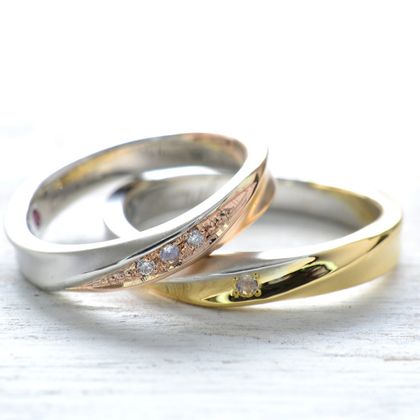 【湘南彫金工房 andfuse】【手作り結婚指輪デザインワックスコース】センターに誕生石をセットして2種類の地金を使用したコンビネーションの手作り結婚指輪
