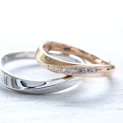 【湘南彫金工房 andfuse】【手作り結婚指輪デザインワックスコース】緩やかなカーブのウエーブデザインにダイアを7石セッティングした手作り結婚指輪