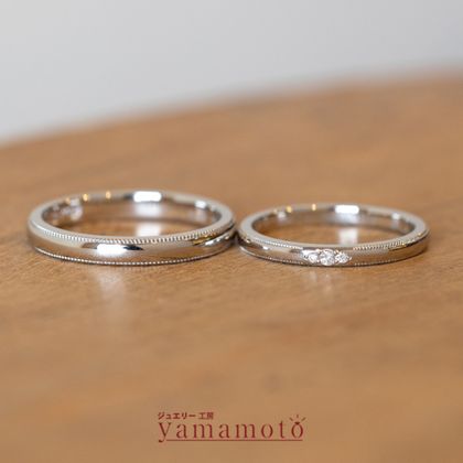 【ジュエリー工房 YAMAMOTO】【ミルグレイン ダイヤモンド3Pセット 】鍛造製法によるマリッジリング