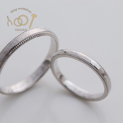 【ついぶ工房】【二人の想いが詰まった手作り結婚指輪】プラチナ・槌目型・ミルグレイン・マット仕上げ