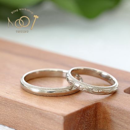 【ついぶ工房】【二人の想いが詰まった手作り結婚指輪】K18ホワイトゴールド・甲丸型・手彫り/ミルグレイン・鏡面仕上げ
