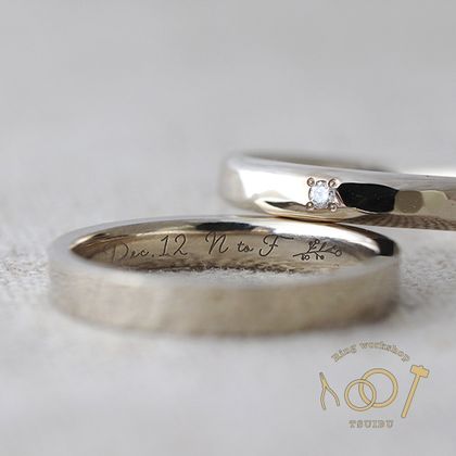 【ついぶ工房】【二人の想いが詰まった手作り結婚指輪】K18ホワイトゴールド・石目型/甲丸鎚目型・鏡面仕上げ