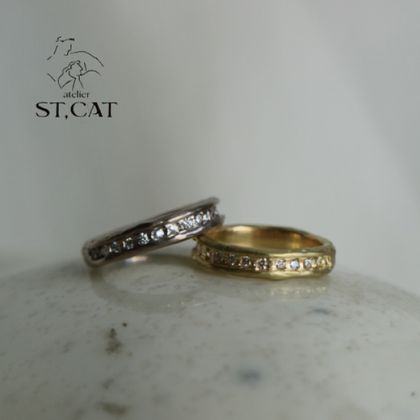 【atelier ST, CAT(アトリエ エスティーキャット)】メレダイヤモンドをレール留めで埋め込んだハーフエタニティ【オーダー婚約指輪】Mole