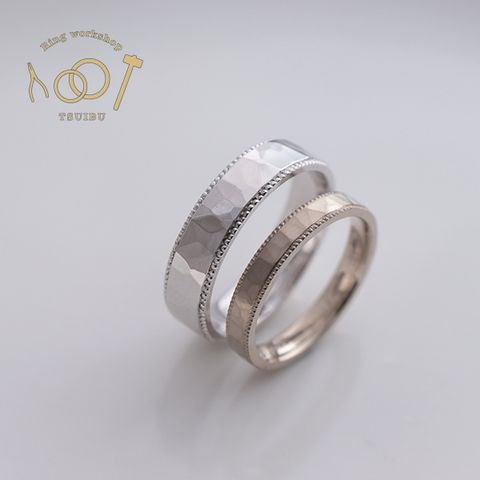 【ついぶ工房】【二人の想いが詰まった手作り結婚指輪】プラチナ/K18ホワイトゴールド・槌目型・ミルグレイン・マット仕上げ