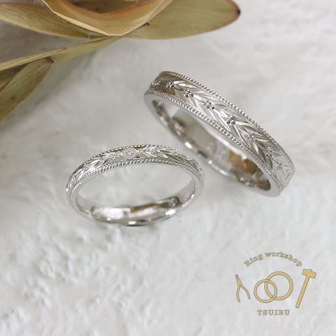 【ついぶ工房】【二人の想いが詰まった手作り結婚指輪】プラチナ・甲丸型/平打型・手彫り・ミルグレイン・鏡面仕上げ