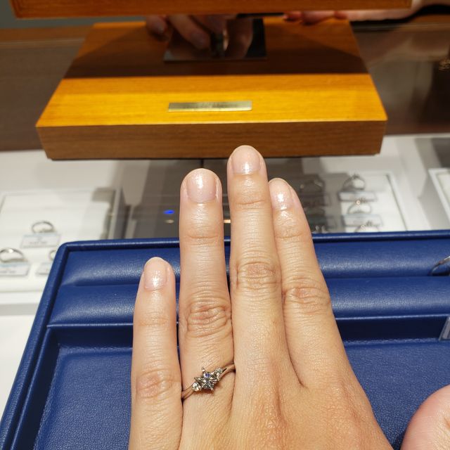 【銀座ダイヤモンドシライシの口コミ】 横に一粒ずつメレダイヤのあるデザインで試着しました。
メレダイヤもトリ…