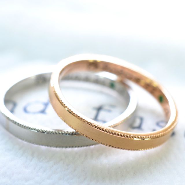 【手作り結婚指輪ミルグレインコース】気品のあるミルグレイン加工を指輪のフチに施した素敵な結婚指輪です。